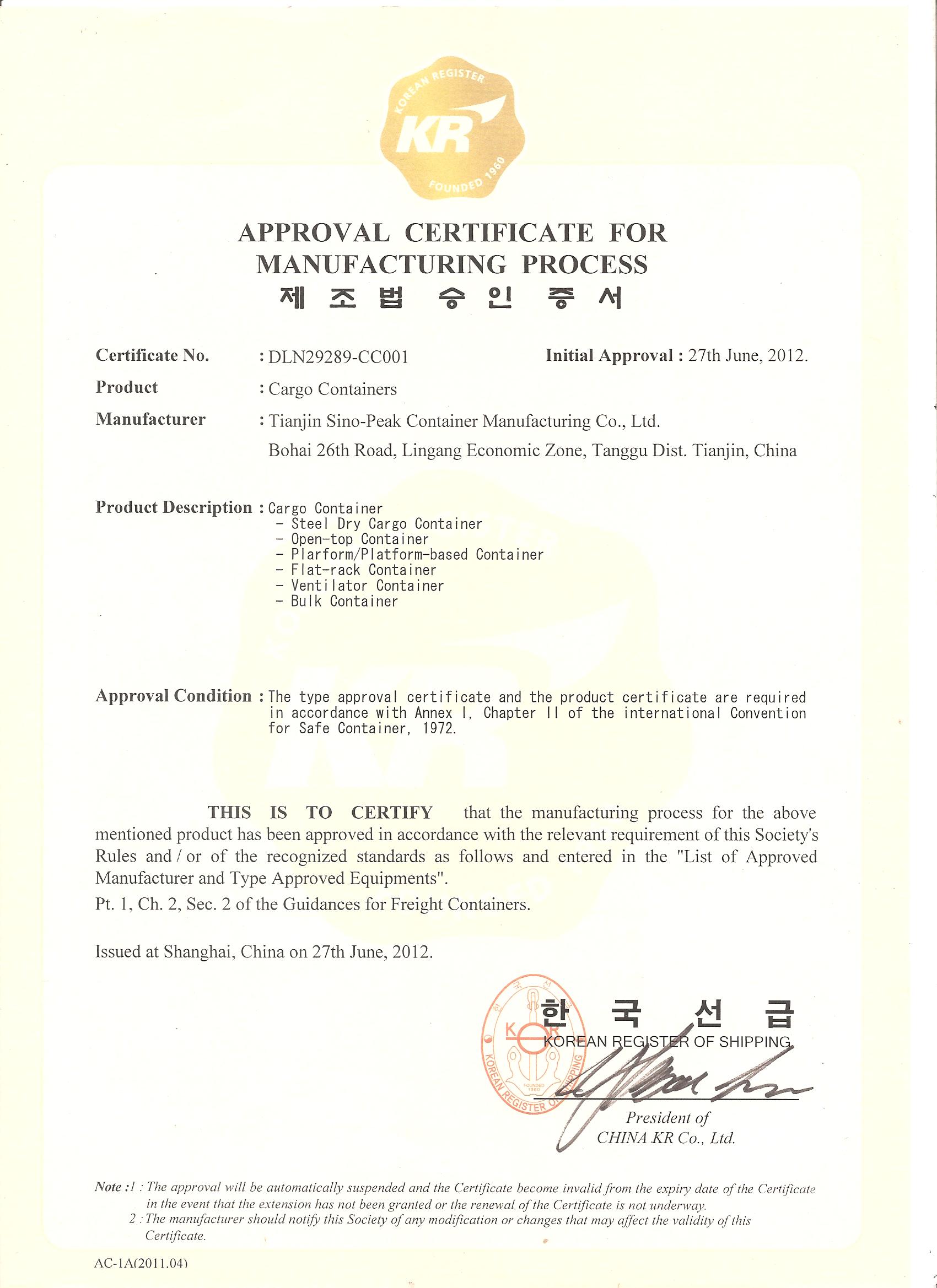 APPROVAL CERT. OF KR